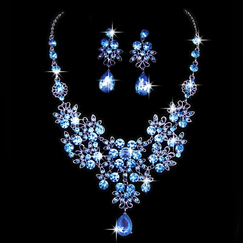 Bryllup brude formelle fest prom smykker krystal rhinestone halskæde øreringe sæt: Blå