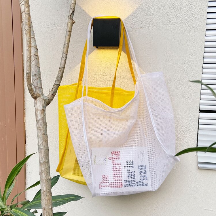Mode Zomer Vrouwen Mesh Strandtassen Vrouwelijke Grote Schoudertas Shopper Bag Effen Kleur Dames Opvouwbare Casual Tote Oranje Handtassen