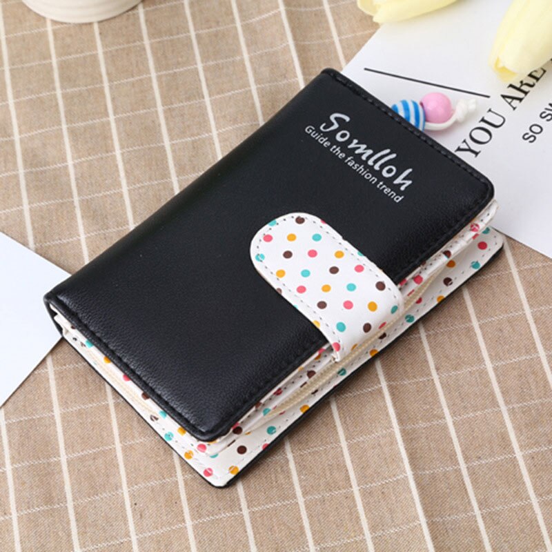 Small Wallet Women Short Luxury Brand Cute Female Purse PU Leather Dot Girls Lady Zipper Wallets Card Holder Bags: Black Medium