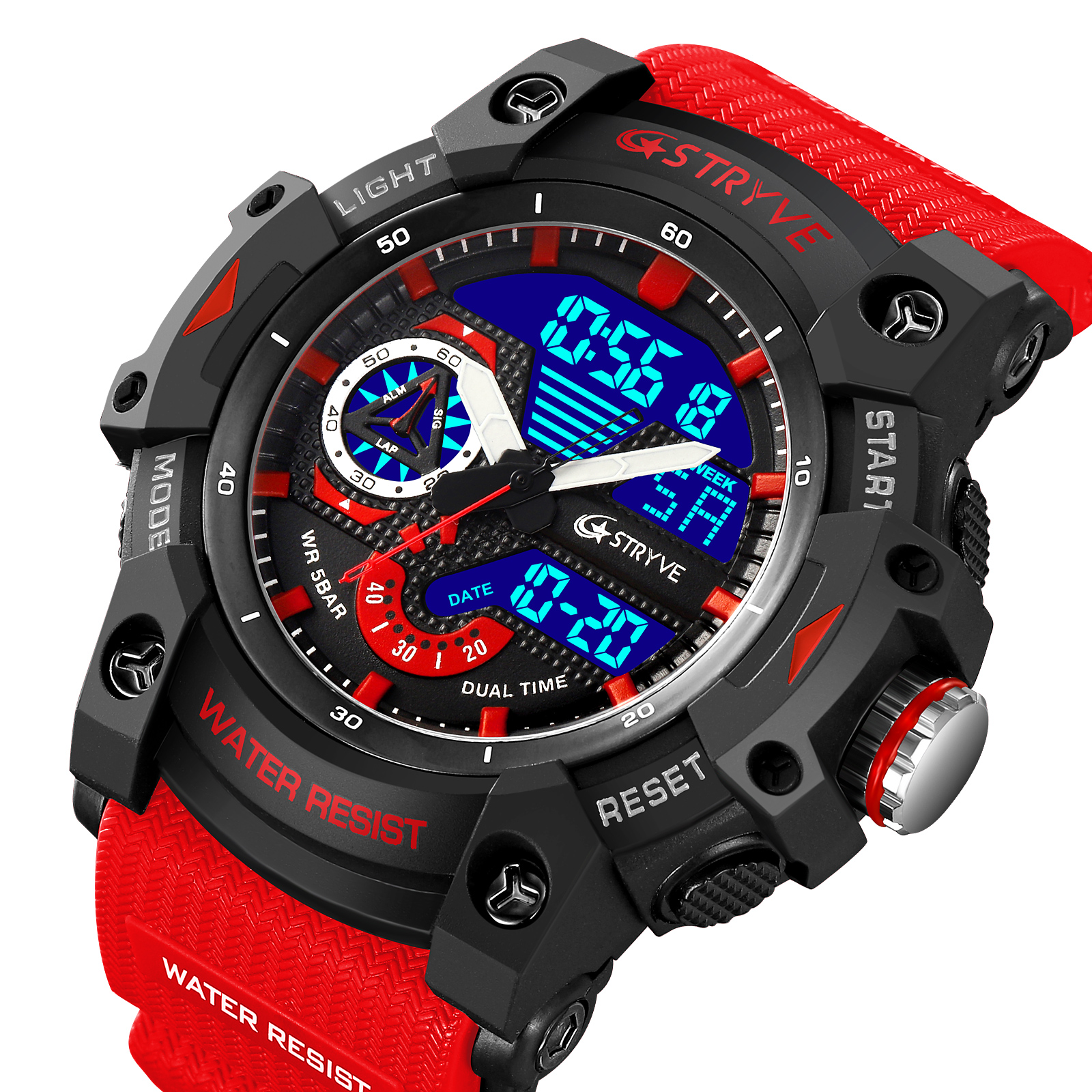 STRYVE Sports Dual Display Watch For Men LED Digital Quartz Waterproof Watches Men's Stopwatches Clock Youth Wristwatches 8029
