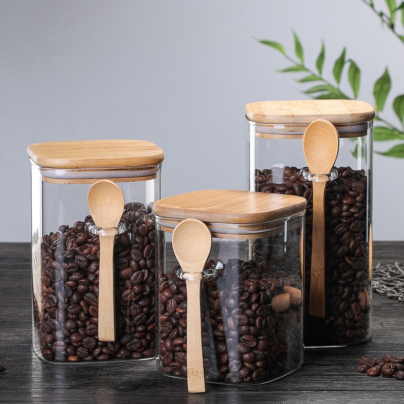 Caixa de armazenamento de cozinha de 800-1200ml tamanho, usando vidro transparente selado enlatado frasco de feijão de café de doces, com colher e tampa de bambu