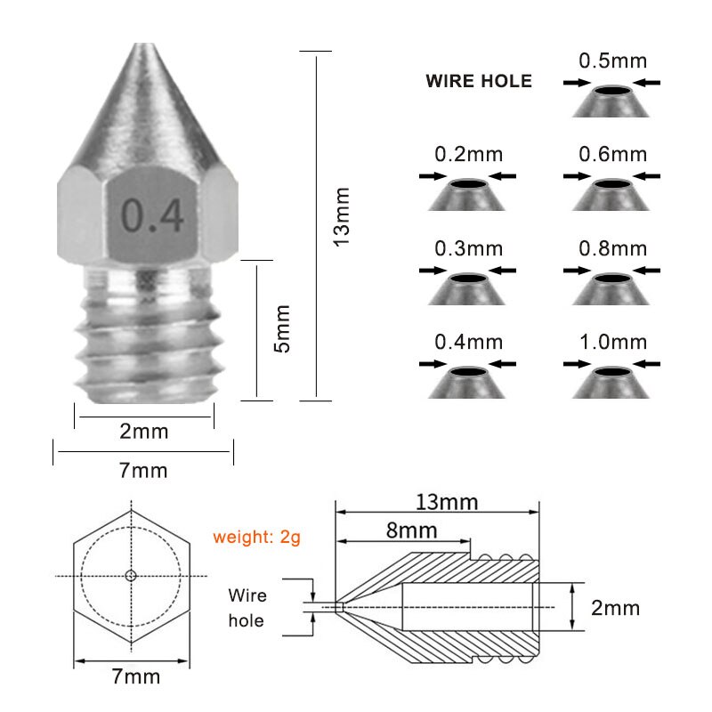 M6 Schroefdraad Roestvrij Staal MK8 Nozzle 0.2 0.3 0.4 0.5 0.6Mm Voor 1.75Mm Filament 3D Printer Extruder CR10 CR-10S Ender 3/ 5