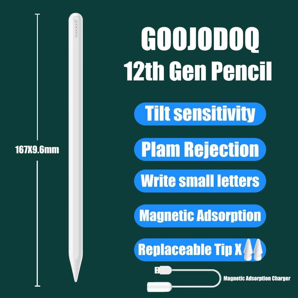 GOOJODOQ 12th Gen Pencil For iPad Pencil Palm RejectionTilt for Apple Pencil 2 1 iPad Pro 11 Air 4 7th 8th Pencil: 12th 2 Tips