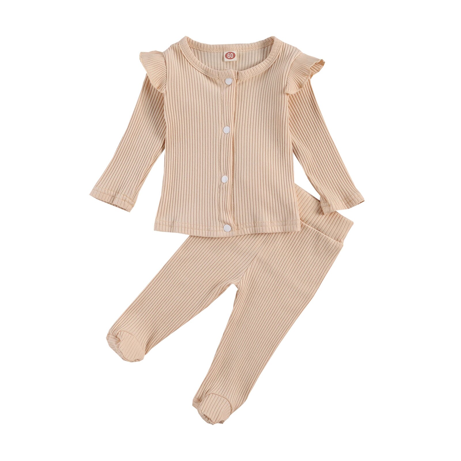 FOCUSNORM Newborn Baby Girls Boys Sleepwear Sets 2pcs Solid Long Sleeve Single Breasted Knit Tops Trousers Pants: Beige / 3M