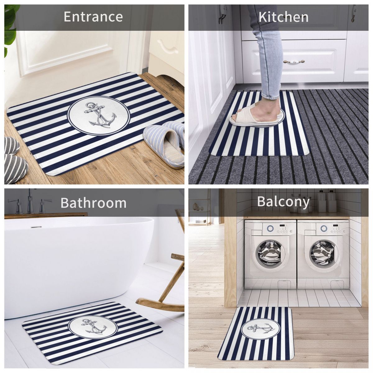 Anchor And Navy Blue Stripes Doormat Welcome Polyeste Bathroom Living Room Floor Carpet Balcony Rug Door mat Absorbent Area Rugs