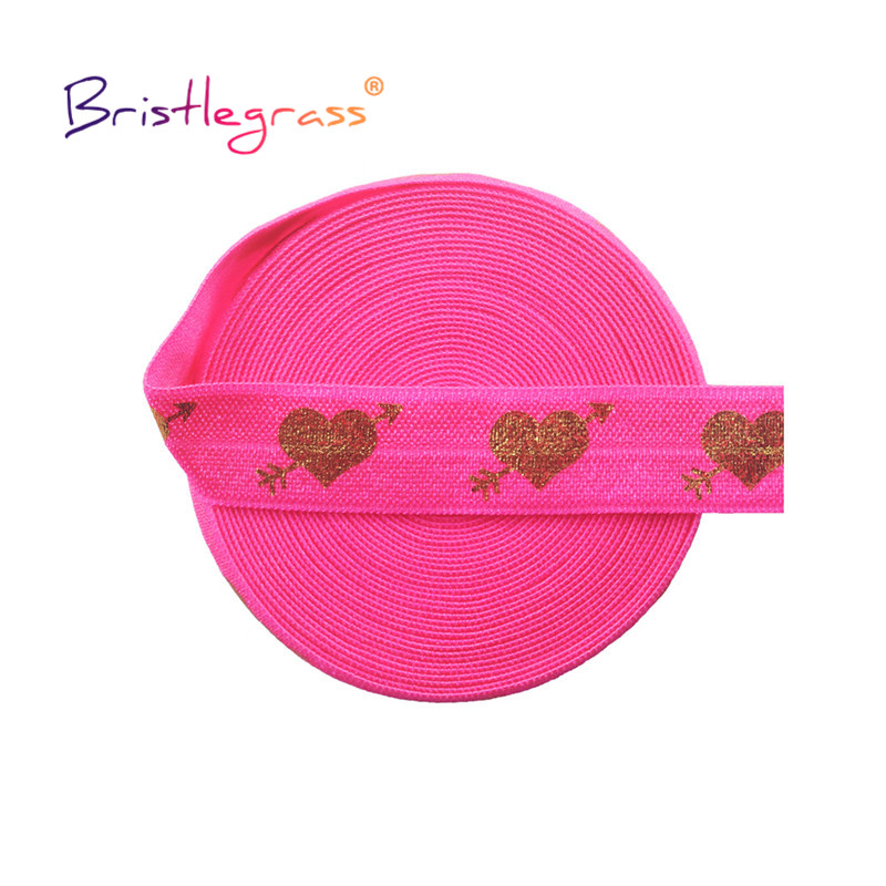 Bristlegrass 2 5 10 Yard 5/8 &quot;15Mm Cupido &#39;S Pijl Liefde Hart Folie Print Vouw Over Elastiek Foe spandex Bands Tape Hair Tie Naaien