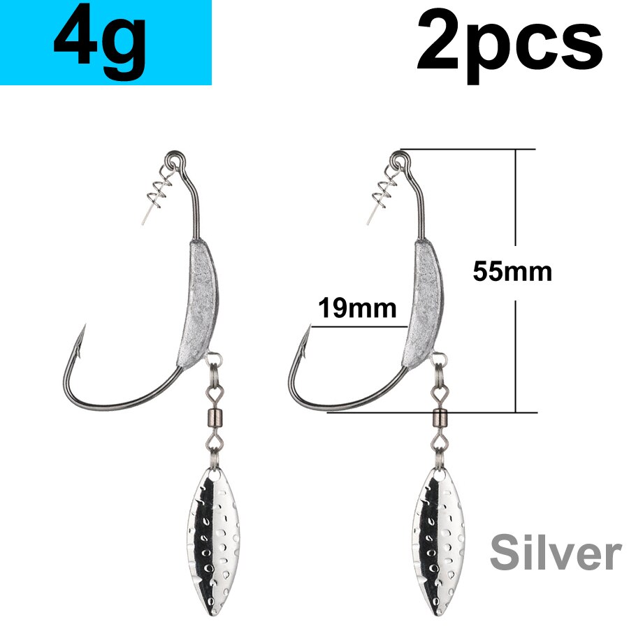 2 szt. Offset haczyki wędkarskie ważony korba hak z łyżeczką cekiny haczyk wędkarski haczyki na ryby nadające się do Texas Rigs wędkarskiego: S2-4g-Silver
