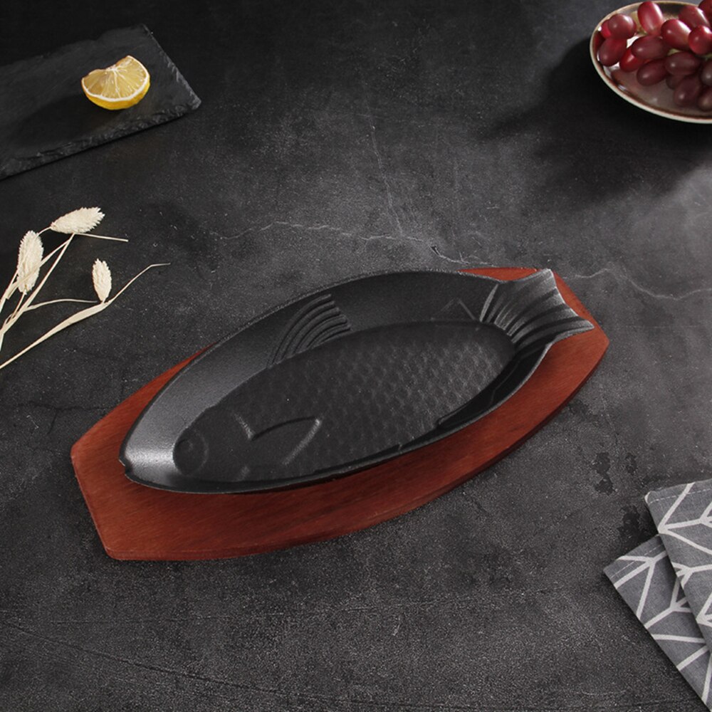 Poêle à Steak de poisson antiadhésive en fonte, rôtissoire en émail, plaque à friture, support de Base en bois, ustensiles de cuisine, four à gaz électrique Durable: 30x13x3.5cm
