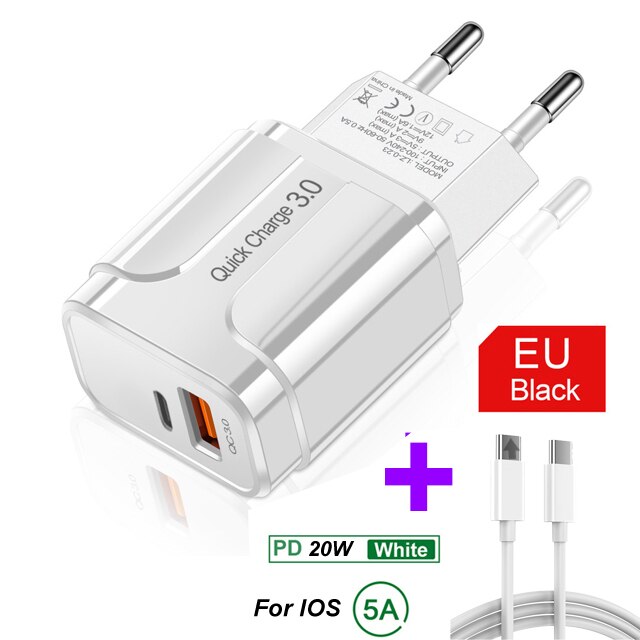 18W PD Quick Charge 3,0 USB Ladegerät EU/US/UK Stecker Handy Ladegerät Für iPhone 12 11 Pro X XR XS MAX blitz Schnelle Lade: EU Cable 2