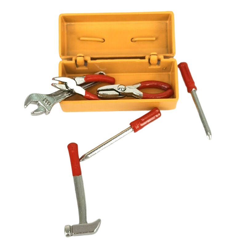 1 set dockhusminiatyrverktygslåda 【verktygslåda +6 verktyg】handgjorda verktygsset modellmöbler tillbehör dockhusdekor leksaker