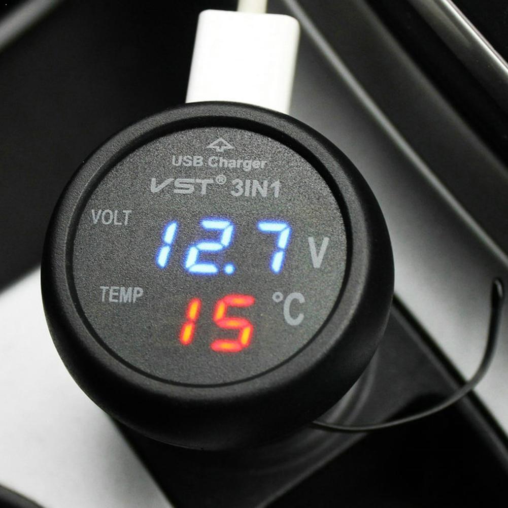 12V/24V Digitale Meter Monitor 3 In 1 Led Usb Car Charger Thermometer Monitor Batterij Digitale Auto dual Voltmeter Display Lcd S6U8