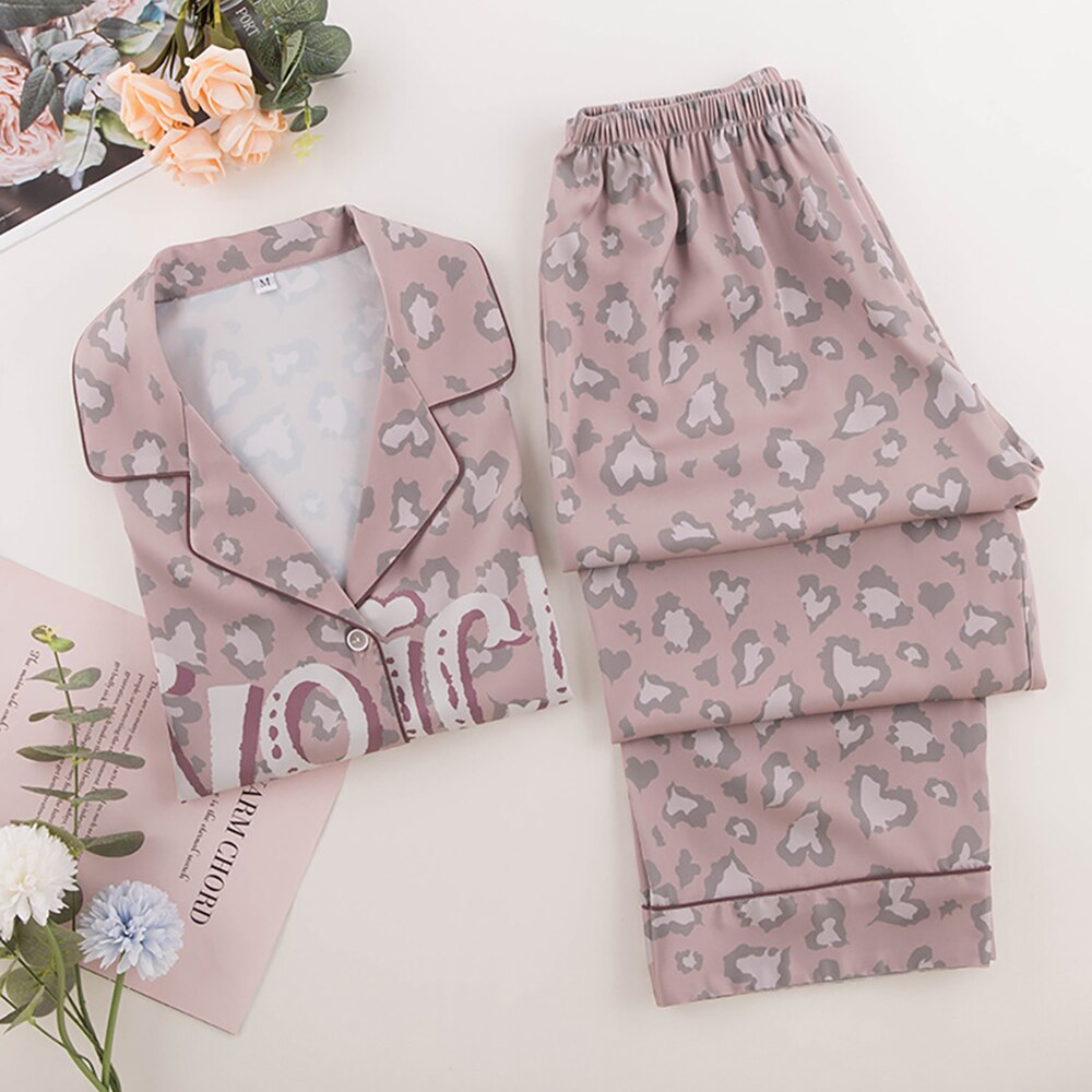 ChunShang Chiffon Ladies Pajamas Spring And Autumn Thin Long-Sleeved Trousers Home Service Leopard Print Letter Suit