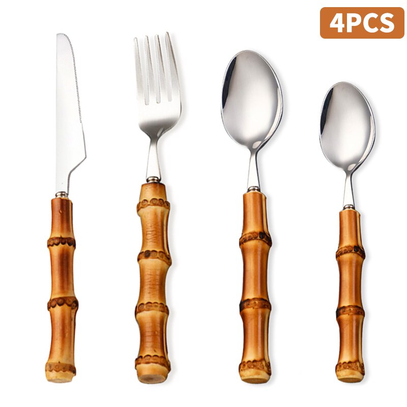 Juego de cubiertos con mango de bambú Natural, vajilla de acero inoxidable, vajilla de cocina, incluye tenedores, cucharas, cuchillos