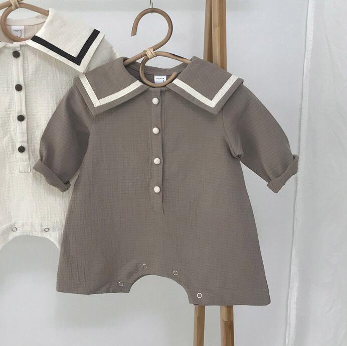 Korea lente en herfst jongens en meisjes Katoen hennep sailor kraag lange mouw: Bruin / 24M