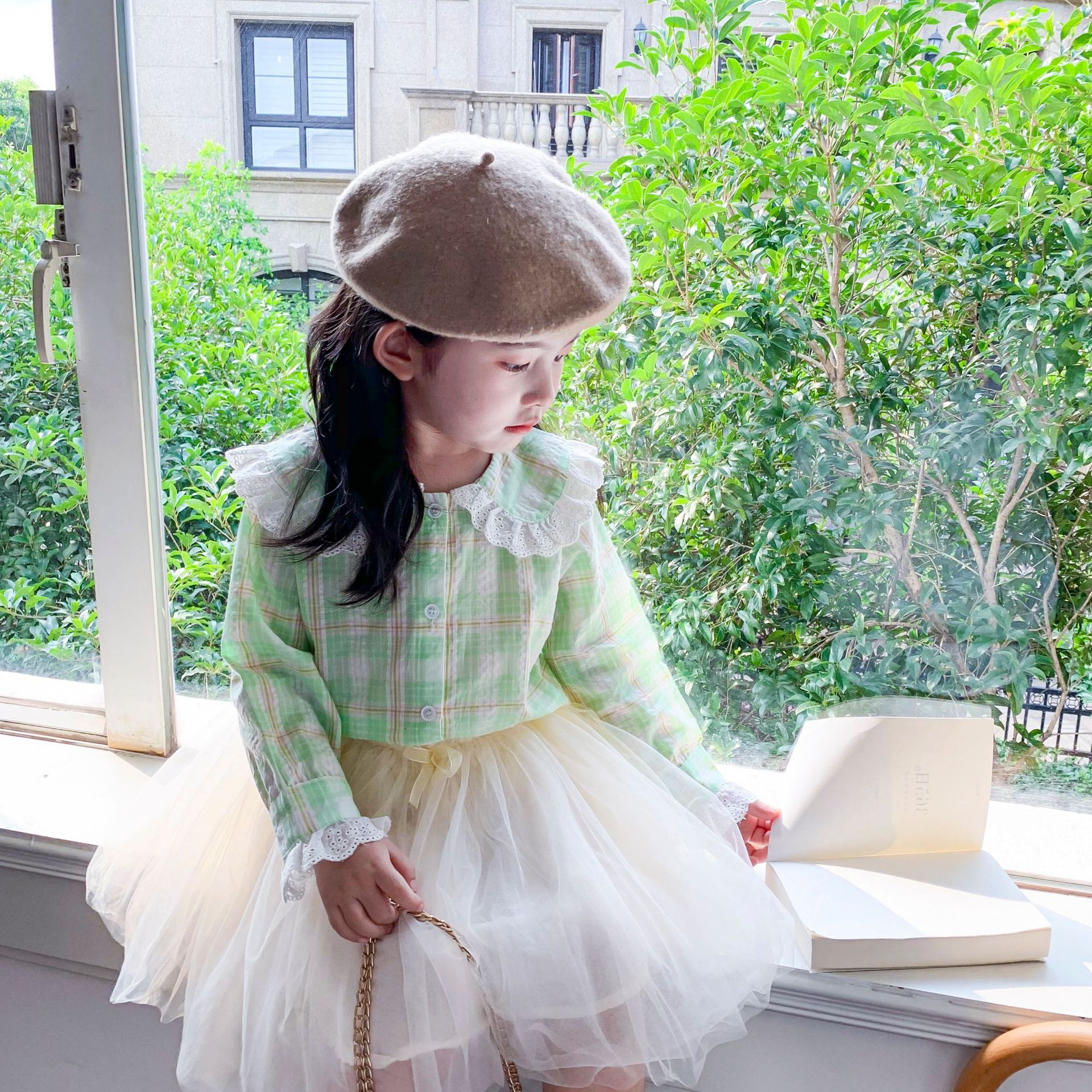 Autumn cute girls lace patchwork plaid shirts long sleeve casual shirt