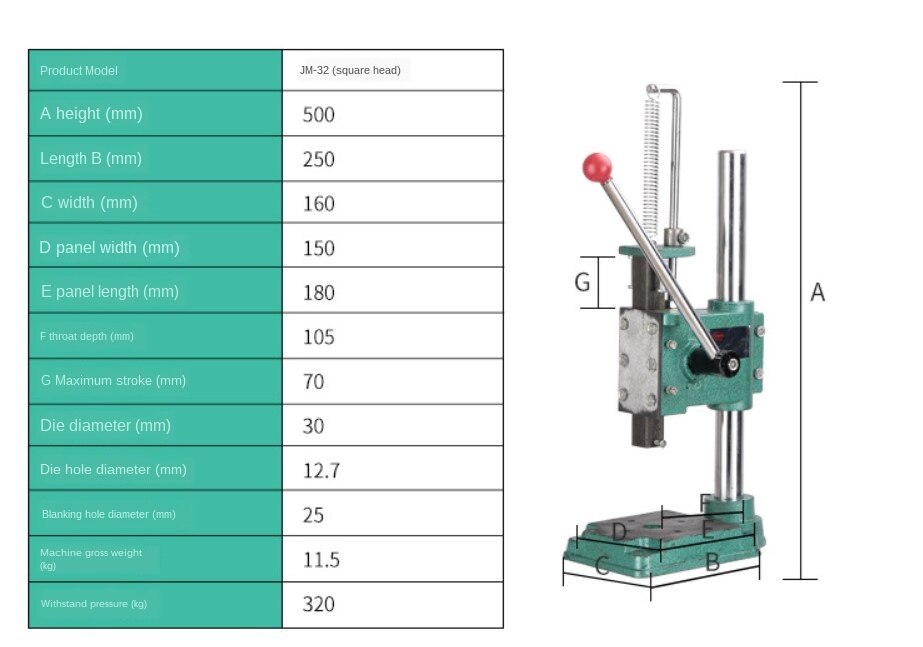 Mała prasa ręczna ambona przemysłowy mikro wykrawarka prasa regulowana wysokość JM-16 kwadratowa głowica okrągła prasa aluminiowa biegun: JM32 kwadrat