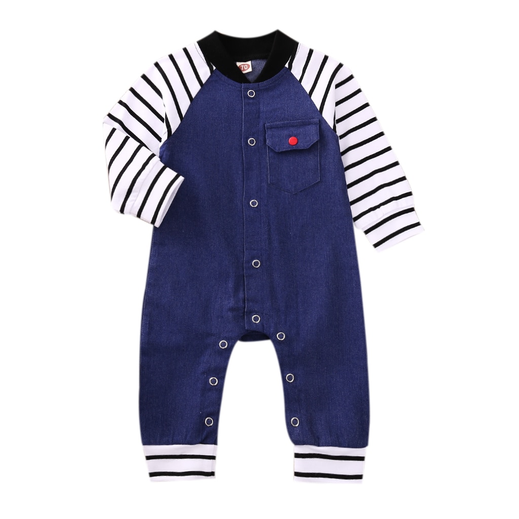 Infantile bébé fille garçon combinaison ample bébé bleu foncé rayure Patchwork manches longues col rond une-pièce barboteuse garçons 0-12 mois