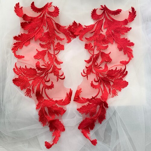 Zwart rood ivoor rayon katoenen draad kant spiegelbloemen bruiloft kant bloemen applicatie patch  rs2736: Rood