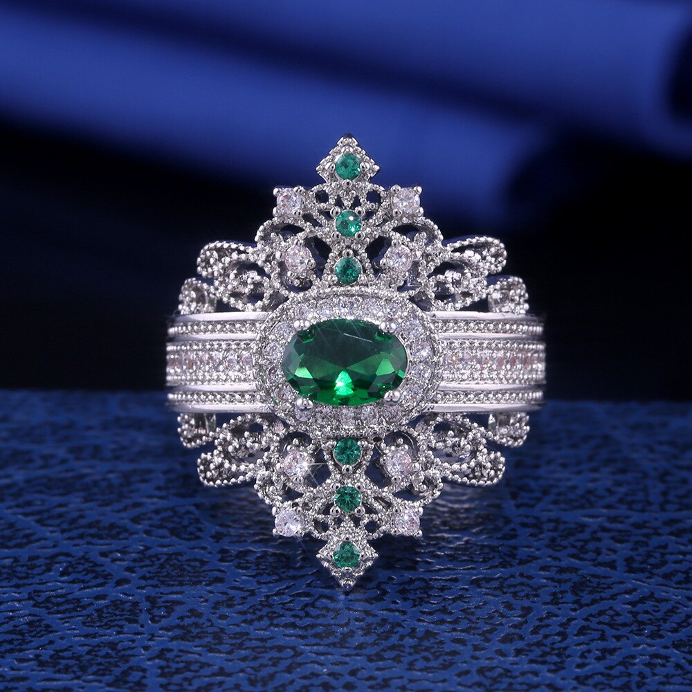 Luxury Retro Palace Style Wedding Engagement Rings for Women Ladies Exquisite Green Zircon Crown Rings Jewelry Anel