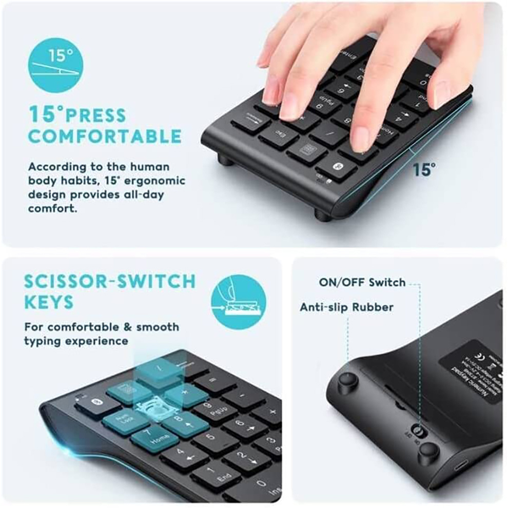 SeenDa Rechargeable Wireless Numeric Keypad Bluetooth Number Pad Slim 22-Keys External Numpad Keyboard Data Entry