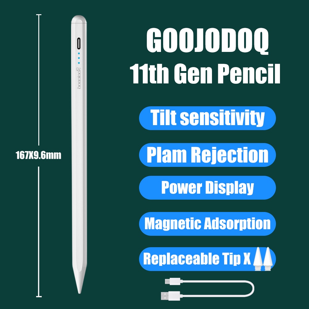 GOOJODOQ 12th Gen Pencil For iPad Pencil Palm RejectionTilt for Apple Pencil 2 1 iPad Pro 11 Air 4 7th 8th Pencil: 11th 2 tips