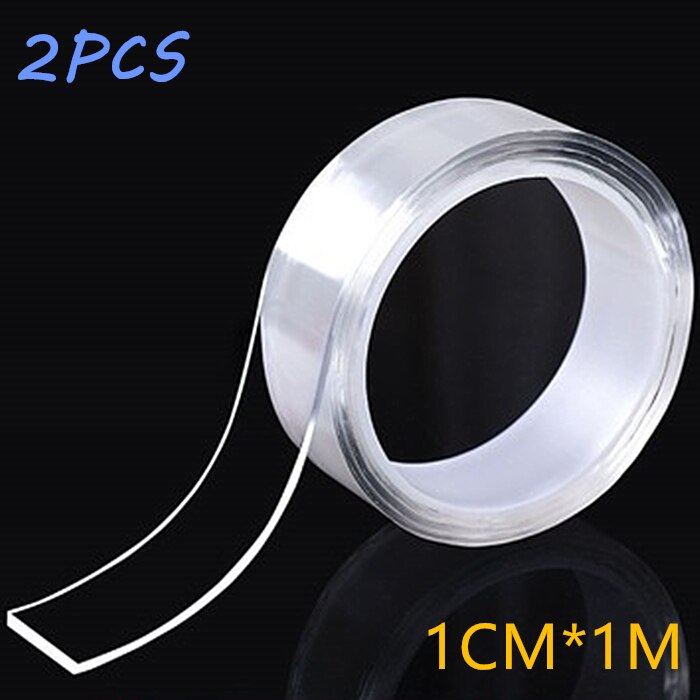 Ruban adhésif Double face réutilisable, 1/3/5M, sans Trace, étanche, multifonction, nettoyable: 1M 1cm 2PCS