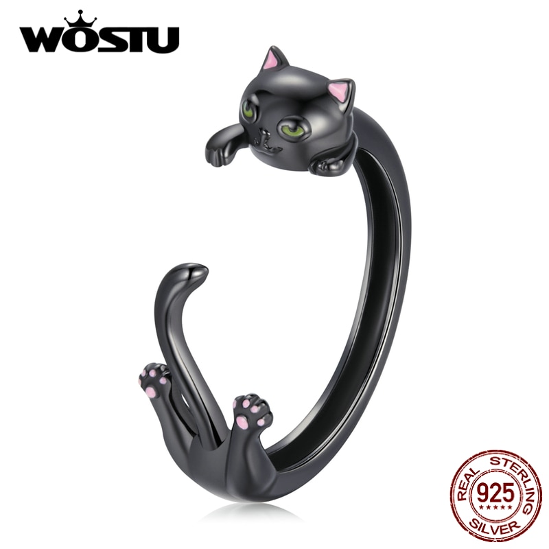 Wostu Verstelbare Authentieke 925 Sterling Silver Zwarte Kat Engagement Open Ringen Voor Vrouwen Vrouwelijke Originele Sieraden CTR217