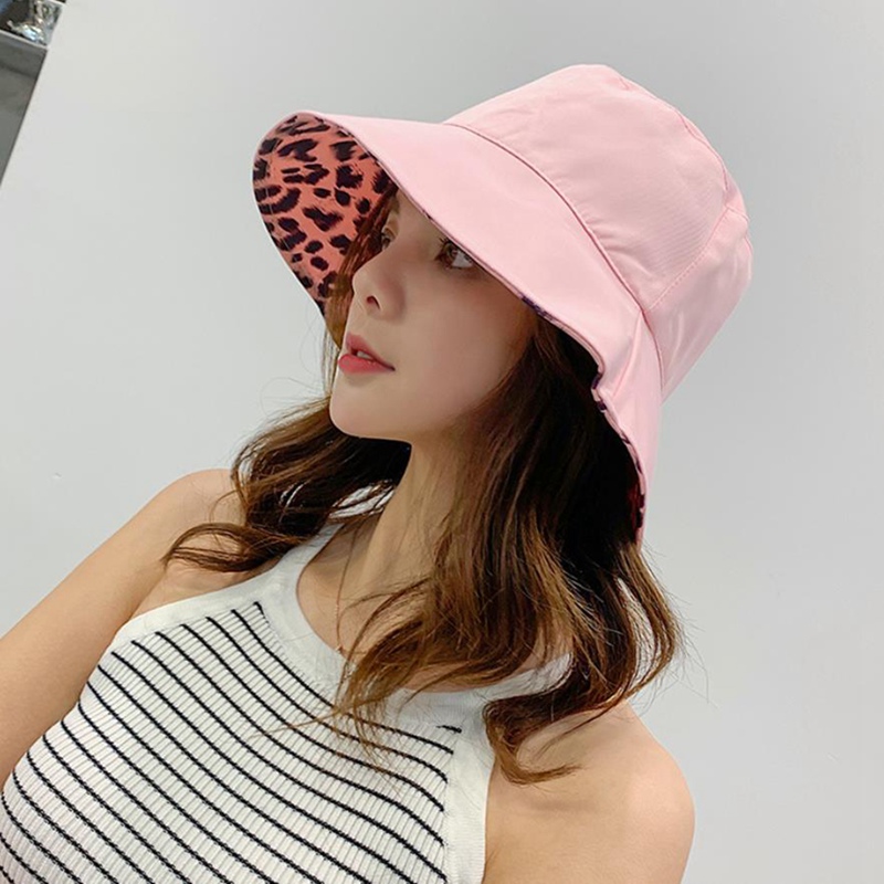 Korea kvinnors leopardmönstrade 2 ytliga bucket hattar män strand platt topp fiskehatt anti uv panama hatt панама мужская