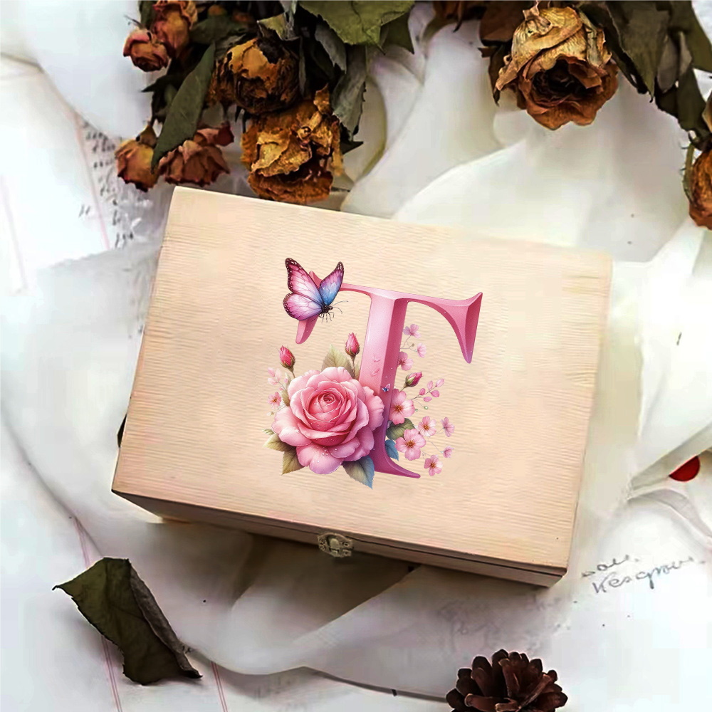 Wooden Storage Box With Hinged Lid Durable Multifunctional Case Crafts Jewelry Boxes For Household Pink Butterfly Letter Pattern: DARK GRAY