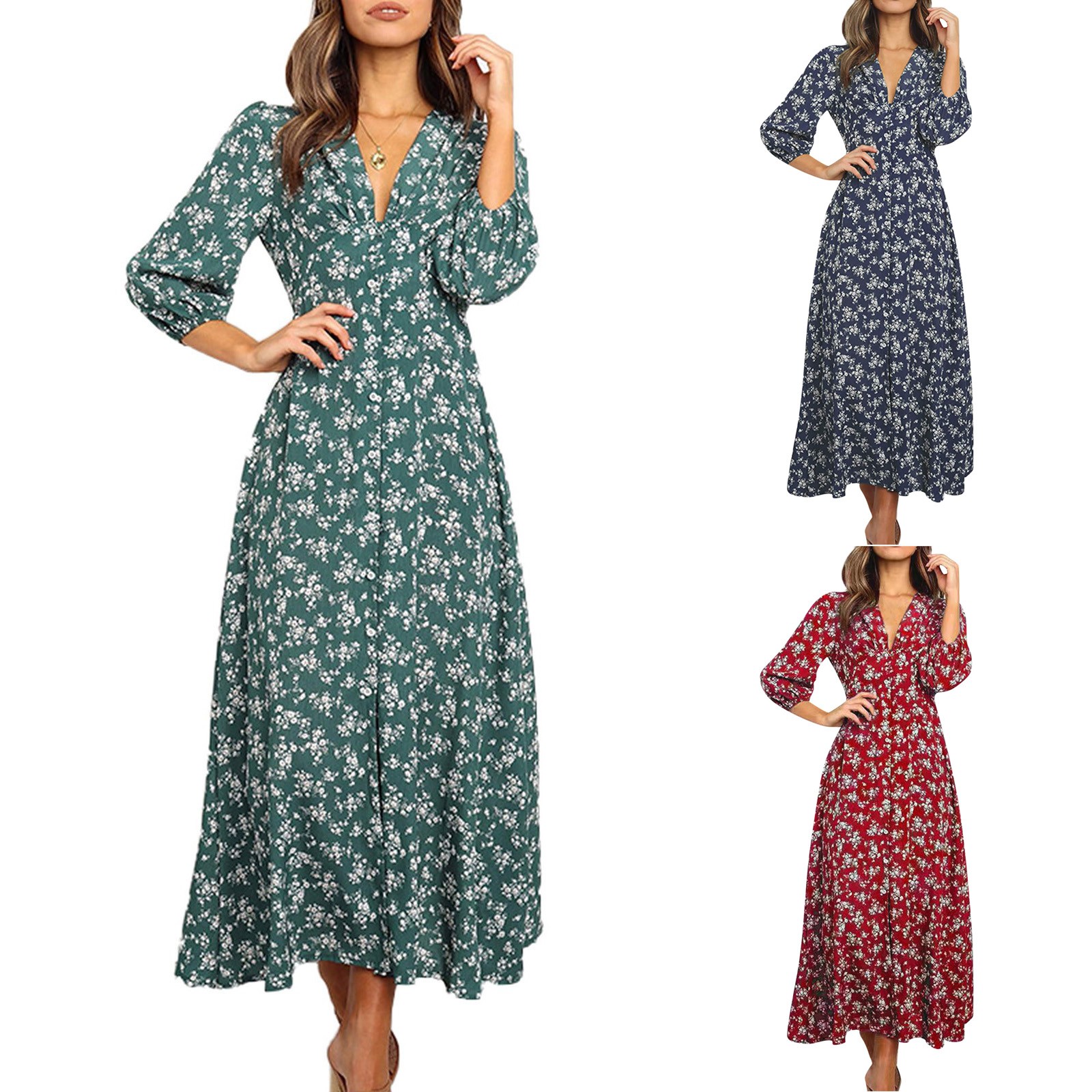 Vestido de verano de manga larga con estampado Floral para mujer, maxivestido Sexy de a la , cuello en V, corte ajustado