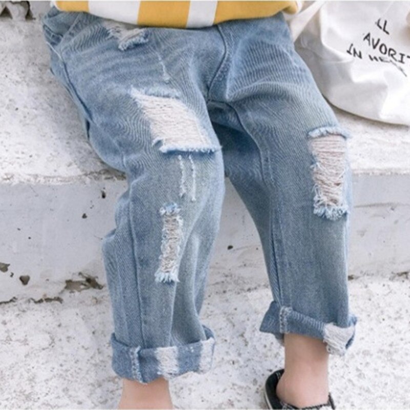 Dfxd lente kinderkleding kinderjeans broeken lange losse gescheurde denim broek babymeisjes jongens elastische taille broek 2-7 jaar