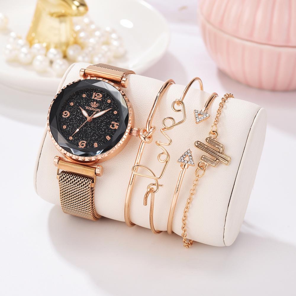 5 pièce/ensemble de luxe femmes montres ciel étoilé aimant boucle Bracelet montre-Bracelet chiffre romain Simple horloge