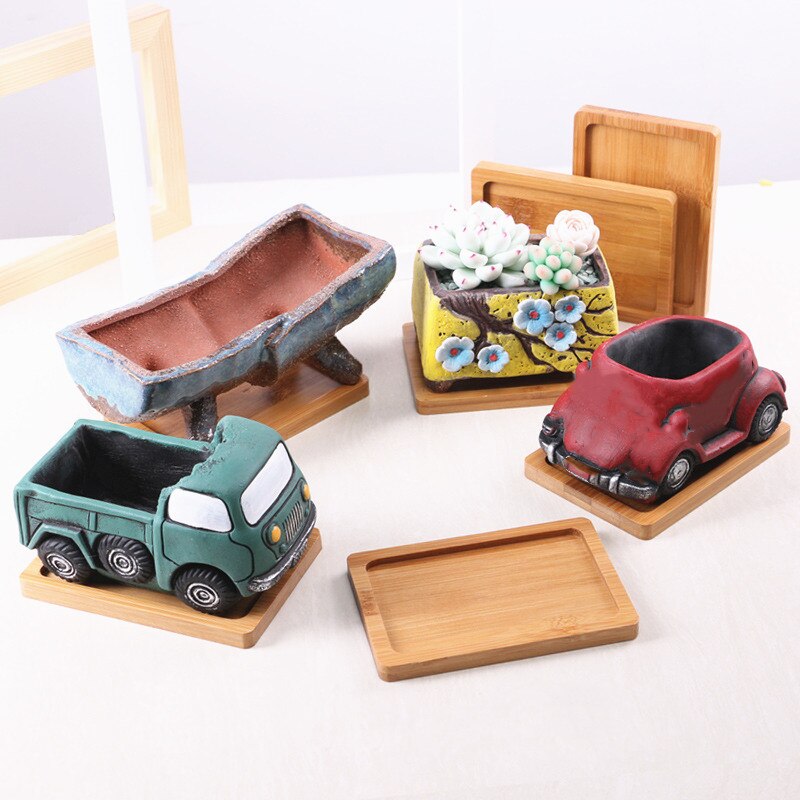 Flower Pot Trays Bamboo Display Square Round Flower Rack Micro Plant Holder Stander Receive Water for Office Garden Decoration: 11.5x7.5cm