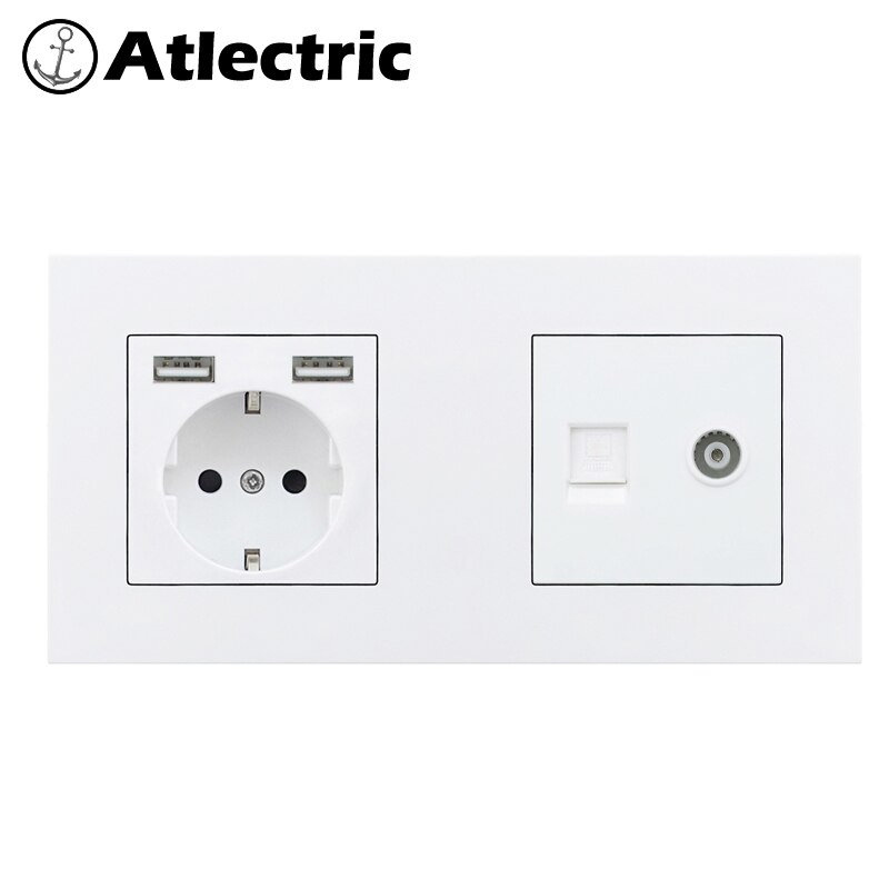 Atlectric DE EU Power Socket Dual USB Charging Port RJ45 TV Television Computer Double Socket Plastic PC Panel Wall Outlet