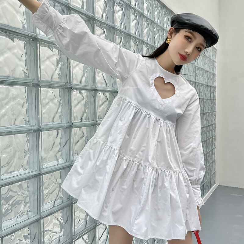 Jurk + Vest Tweedelige Sets Vrouwen Retro Wit Hart Hollow Out Lange Mouwen Jurken Sweet Leuke Boog Vest Streetwear Outfits