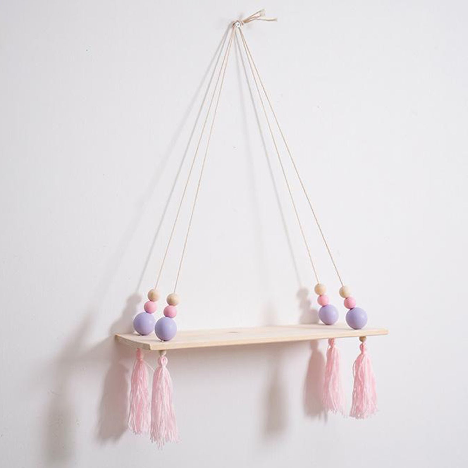 Wooden Wall Shelf Rope Hanging Floating Shelf Flower Pot Stand Purple Bead