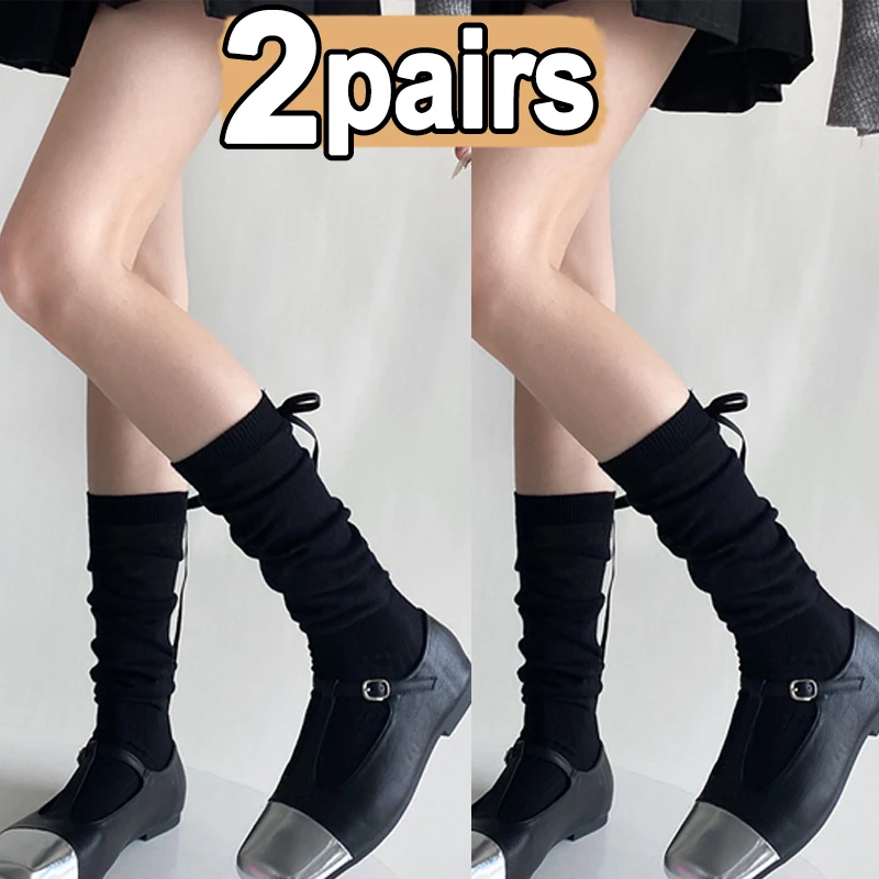 Lolita Long Socks Women Bandage Ribbon Bow Sweet Girls Kawaii Cute Middle Tube Socks Ballet Style Solid Color Black White Socks: Blue