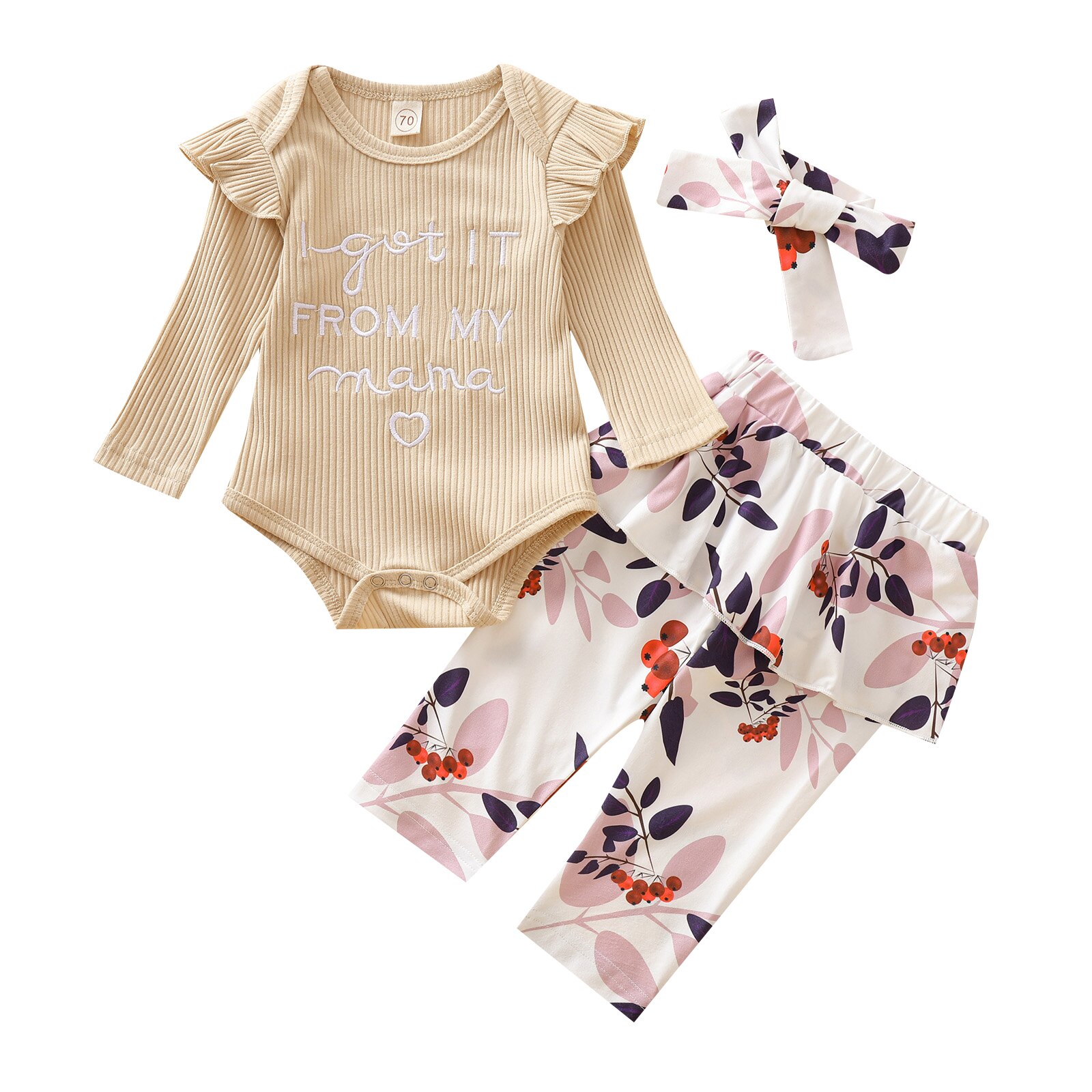 Baby Girl Top, Pants Suit, Round Neck Long Sleeve Shirt Ruffle Hem Skirt Flower Printed Loose Trousers, Headband: 3 / 6M