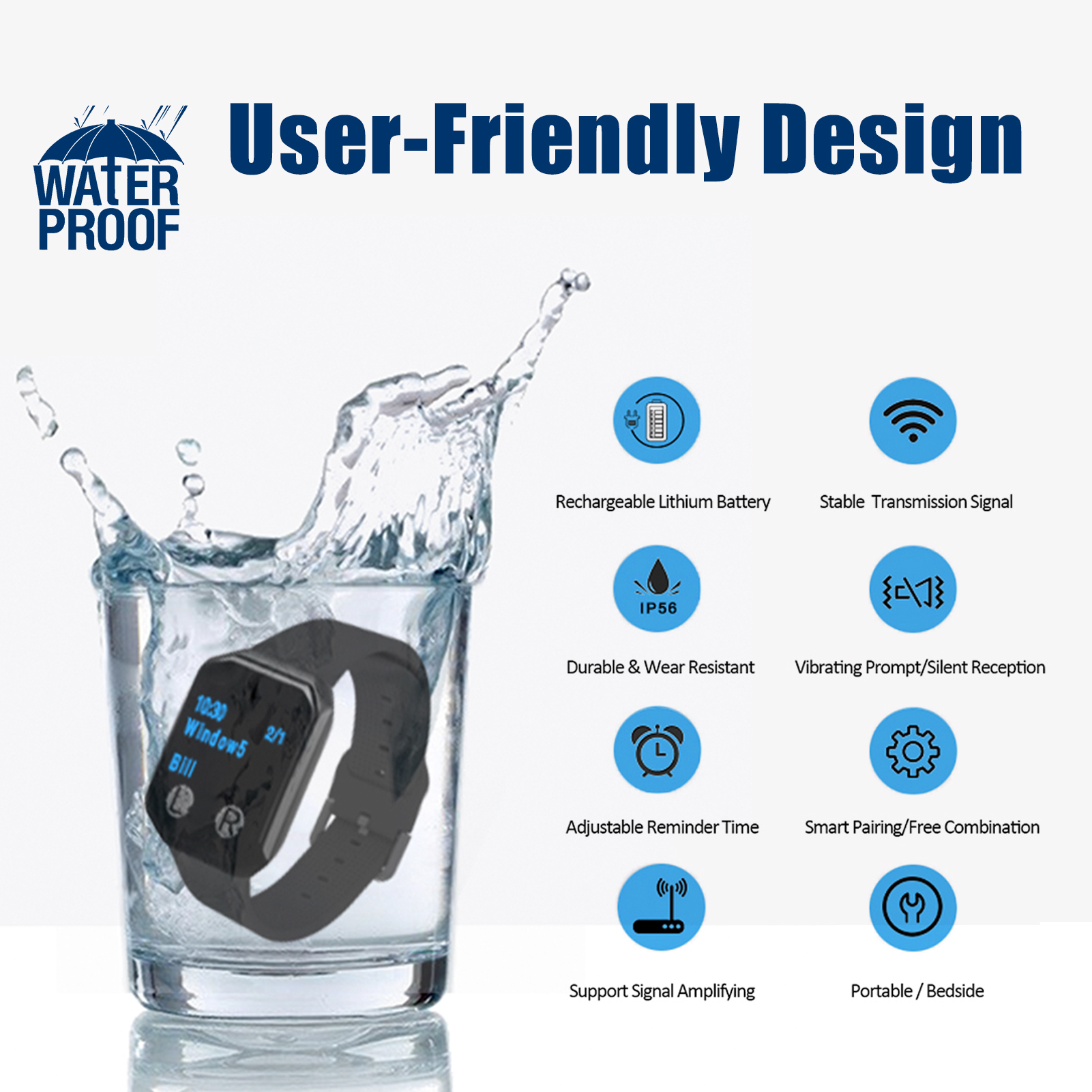 Wireless Restaurant Guest Pager System Waterproof Watch Receiver + Call Button Customer Service for Clinic Cafe Barber Shop Gym