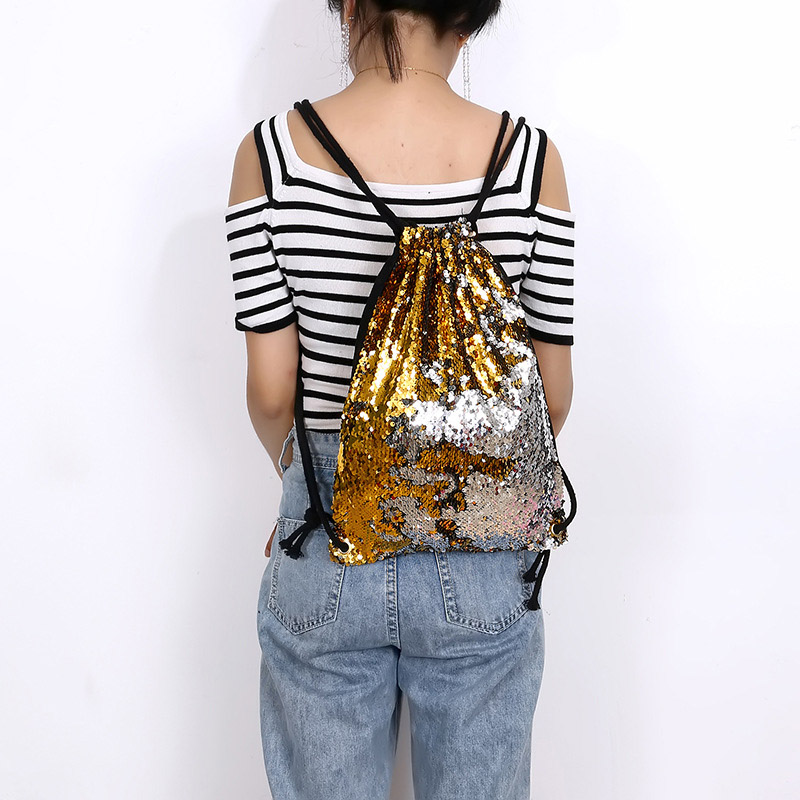 Sequin Drawstring Bags Reversible Sequin Backpack Glittering Shoulder Bags for Girls Women Girls Book Mochilas H66: Gold