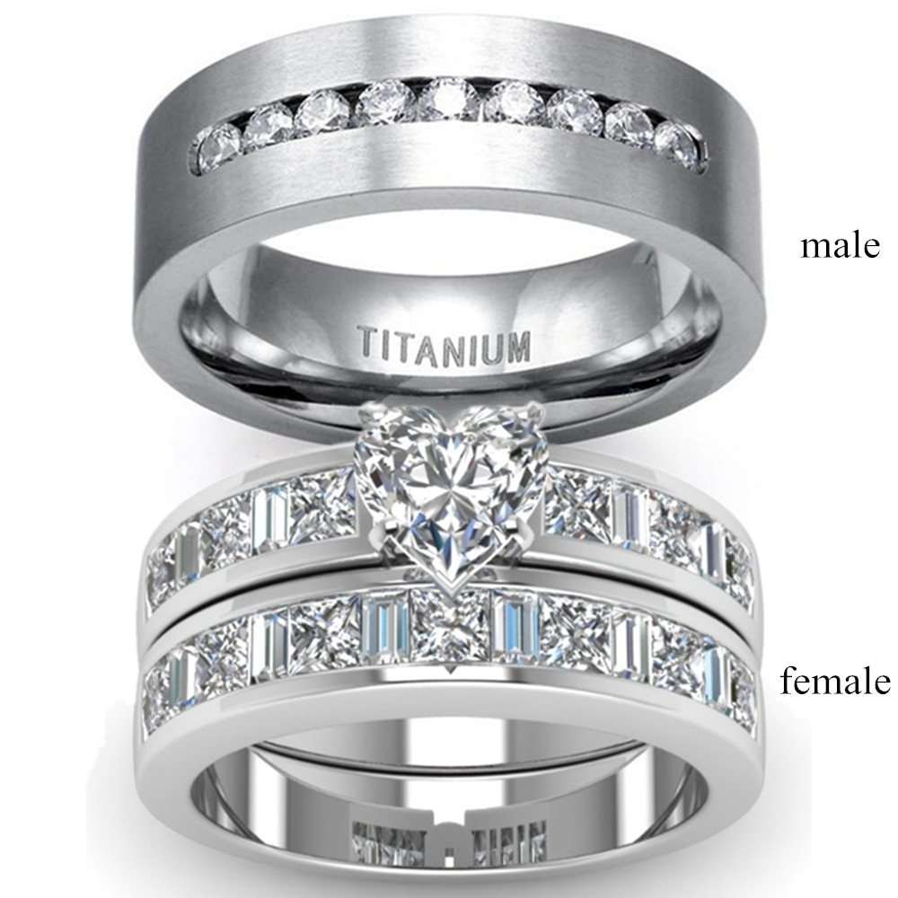 Ringen voor stellen - herenring met s 8mm enkele rijen strass en damesring met hartvormige witte kristallen bruids- en verlovingsring