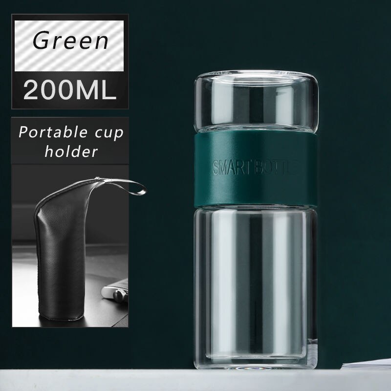 Ruida 200ml glas vandflaske med pose høj borosilikat dobbelt te vandflaske infusionsglas tørretumbler drinkware smarte flasker: Grøn 200ml