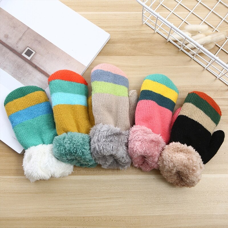 Enfant en bas âge enfants hiver peluche doublé doigt complet mitaines arc-en-ciel rayé tricoté thermique temps froid mitaines chauffe-mains
