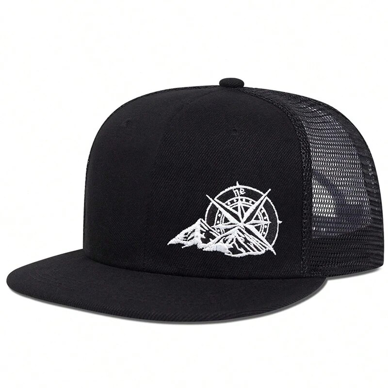 Unisex Compass Mountain Embroidery Hip-hop Net Hats Spring Summer Outdoor Adjustable Casual Baseball Caps Sunscreen Hat: black