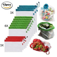 12pcs Herbruikbare Mesh Produceren Bags Wasbare Eco Vriendelijke Boodschappentassen voor Boodschappen Opslag Fruit Groente Speelgoed