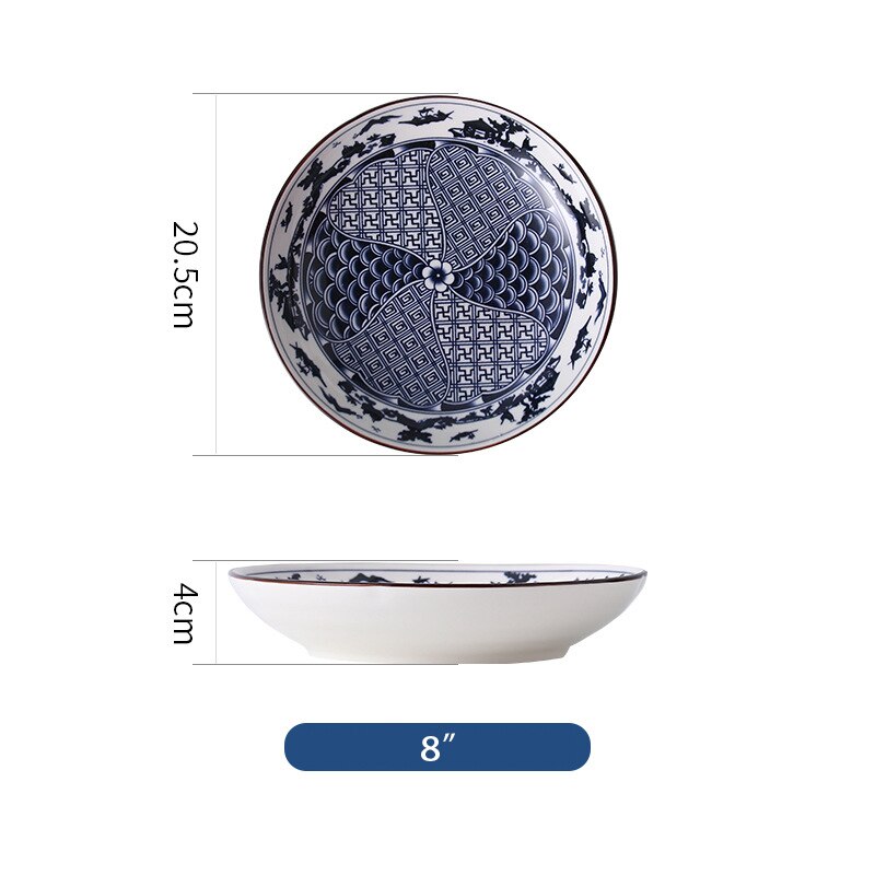 Vajilla de estilo chino con blanco y azul para pintar a mano de 8 pulgadas, platos de cerámica para fruta, ensalada, sopa: Q