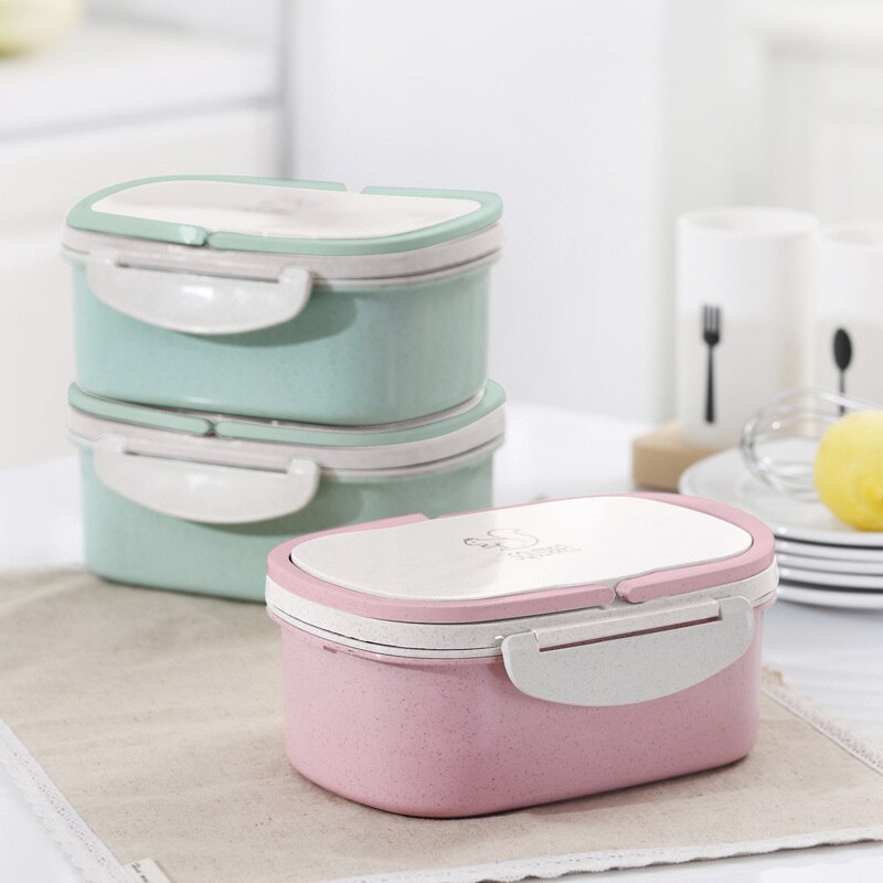 1 Pc Tarwe Stro Dubbele Draagbare Lunchbox Cartoon Student Kind Fruit Scherper Voedsel Magnetron Container Opbergdoos Servies