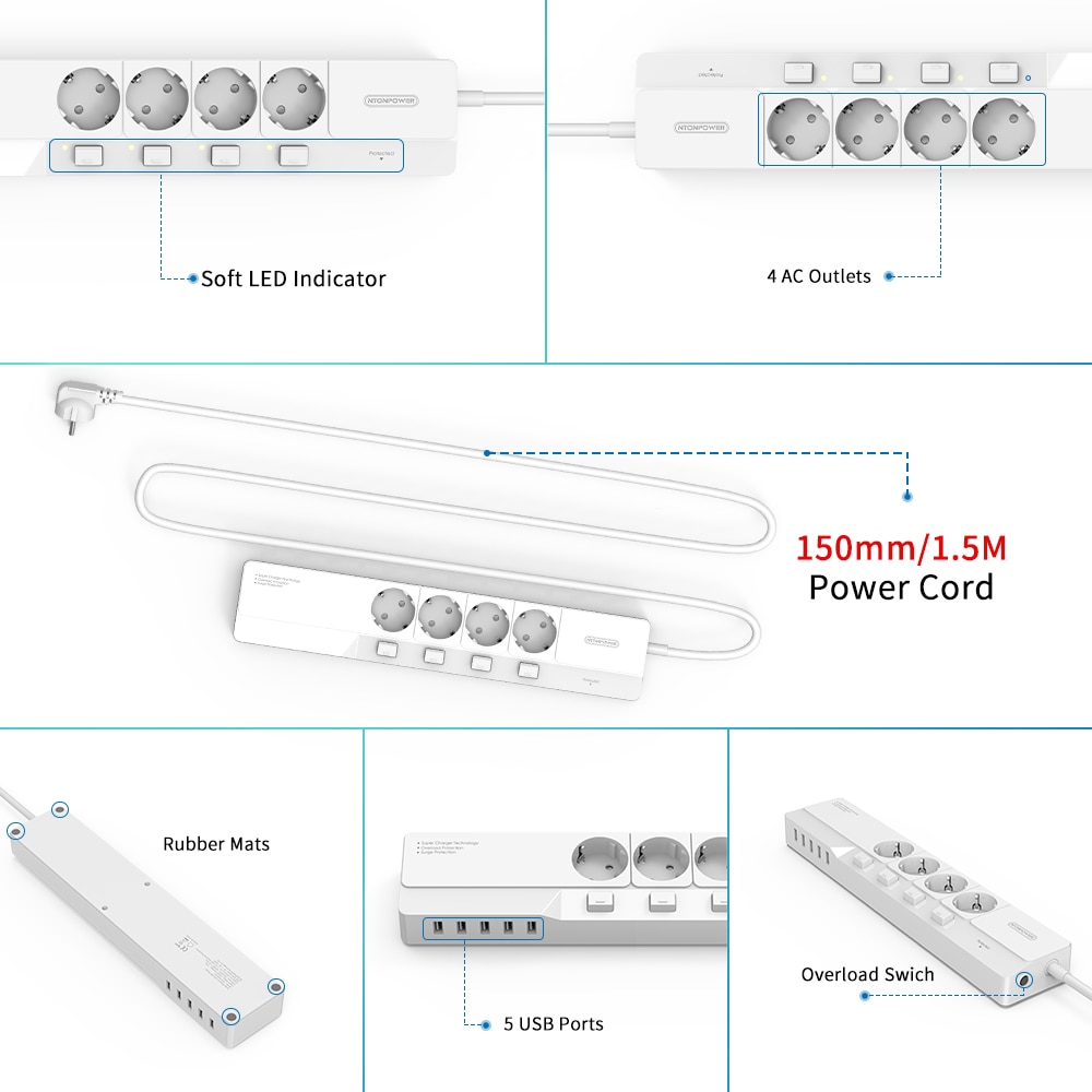 NTONPOWER Power Strip - 4000W 16A - 4 AC Outlets + 5 USB Ports - 1.5m Cable - Surge Protector with Switch