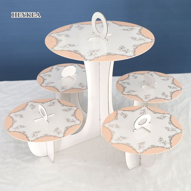 5 Plate Cardboard Afternoon Tea Cupcake Cake Stand Birthday Party Dessert Display Stand Pastry Serving Platter for Party Decor