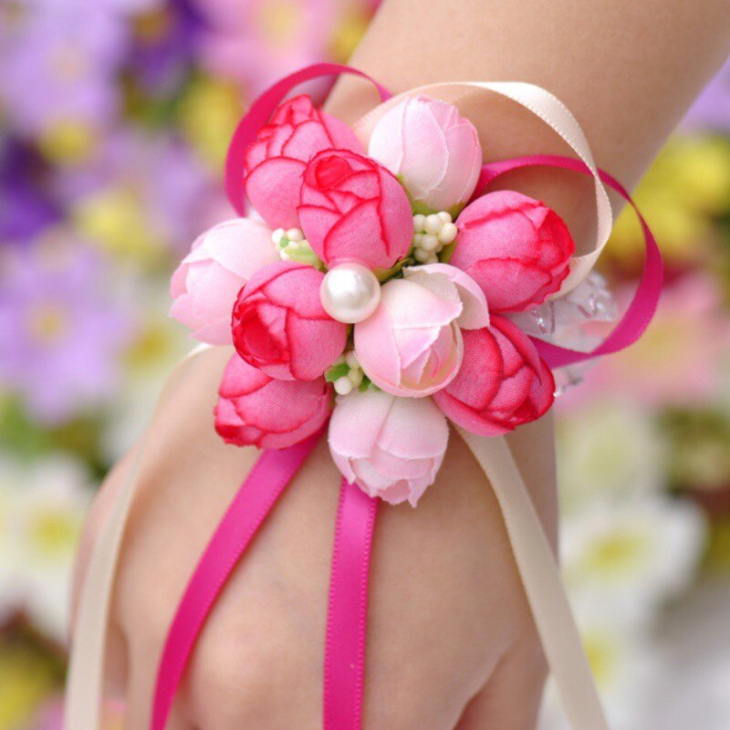 10pcs/lot Wrist Flowers Prom Wrist Flower Girls Bridesmaid Hand Flowers Wrist Corsage Bracelet Lace-up Flower Wedding Supply